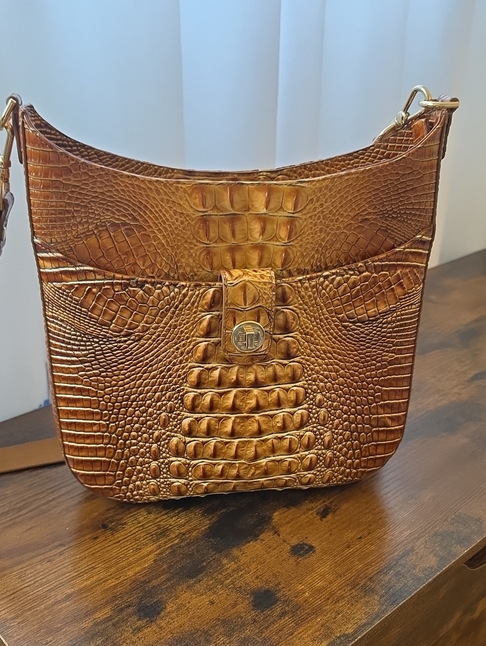 LEIA BRAHMIN Croc-Embossed Crossbody Bag in Luggage Brown with Wide Strap